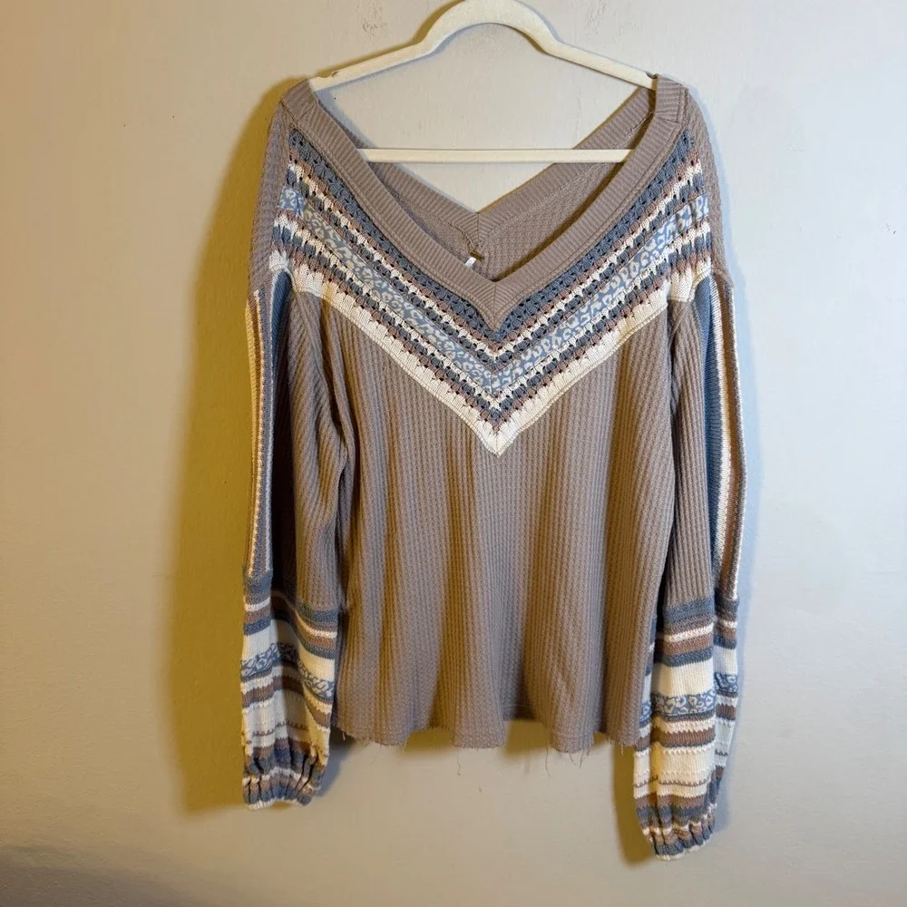 Free‎ People We The Free Waffle Knit Boho Crochet V-Neck Top Taupe Blue Large